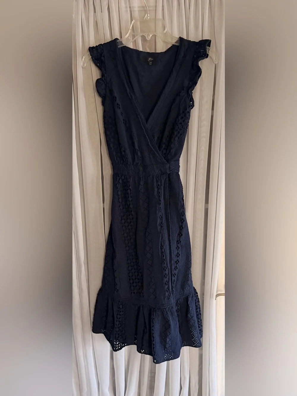 J. Crew Navy Eyelet Wrap Midi Dress with Ruffle Sleeves 100% Cotton 00